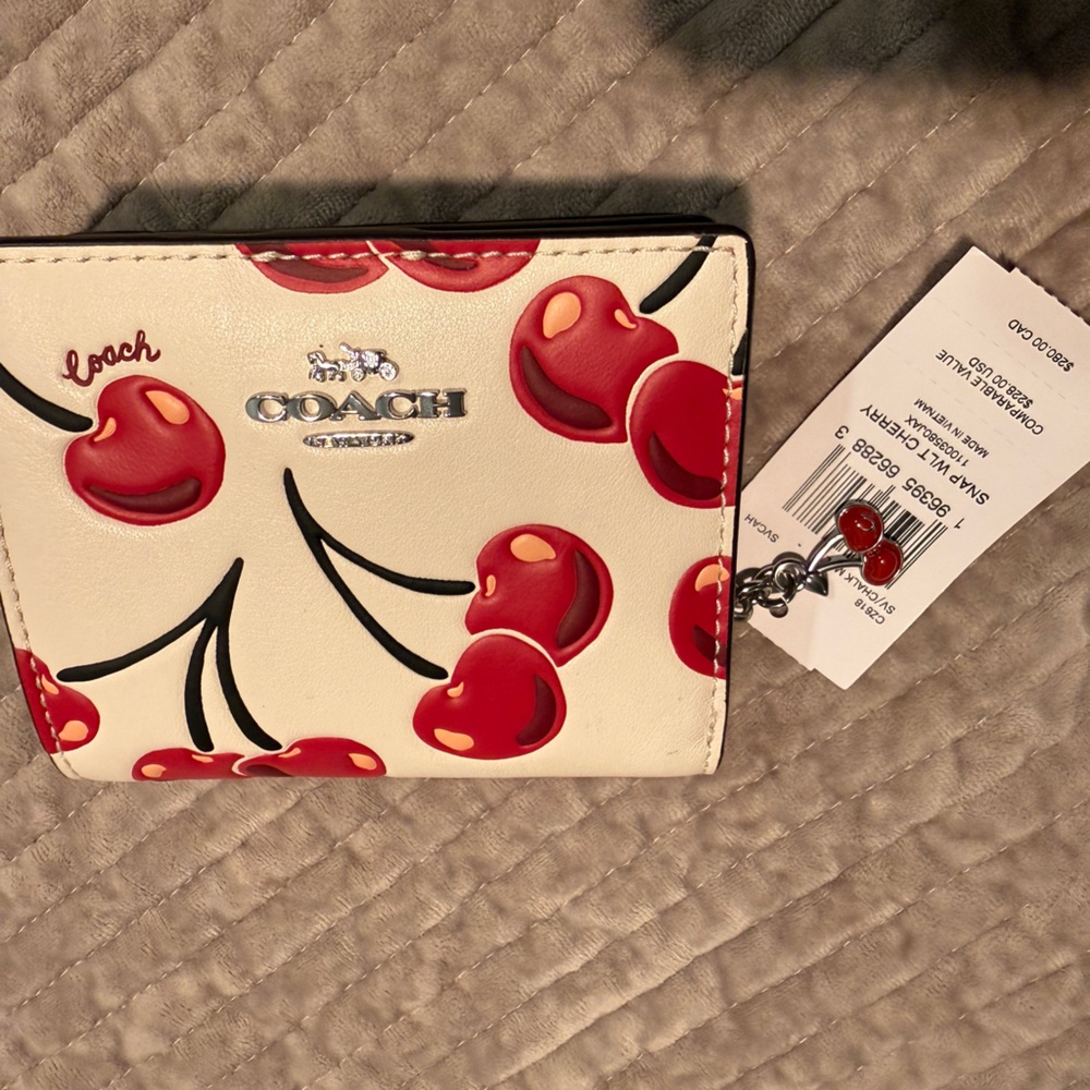 COACH Snap Wallet in Chalk with Red Cherry Silver Hardware NWT